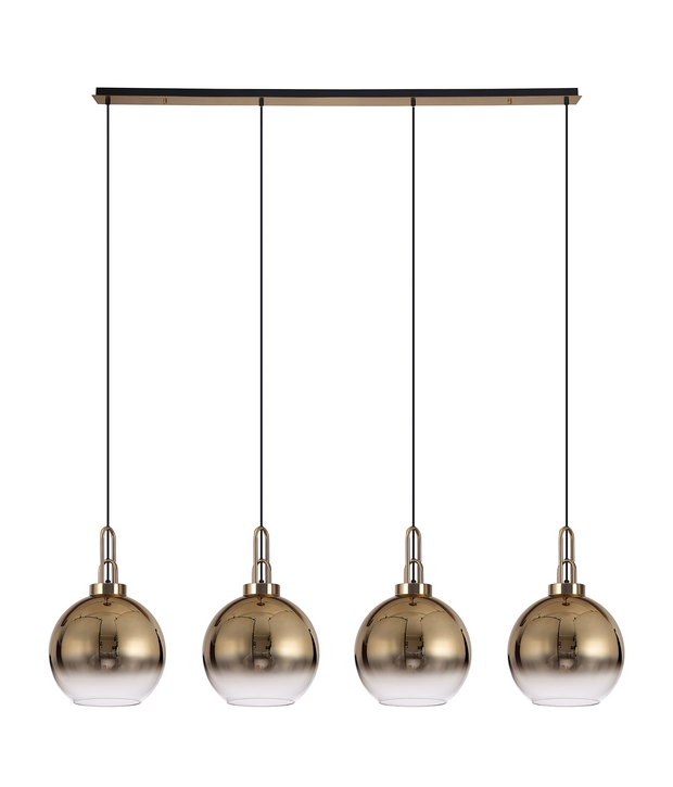 Idolite Camille Brass Gold 4 Light Linear Bar Pendant With Brass Gold/Clear Ombre Glass Globes