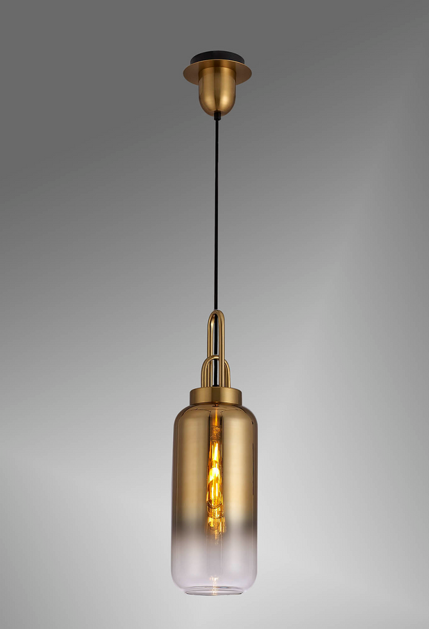 Idolite Camille Brass Gold Finish Single Pendant Light C/W Gold/Clear Ombre Glass