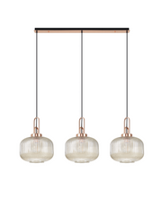 Idolite Camille Copper 3 Light Linear Bar Pendant With Champagne Ribbed Glasses