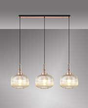 Idolite Camille Copper 3 Light Linear Bar Pendant With Champagne Ribbed Glasses