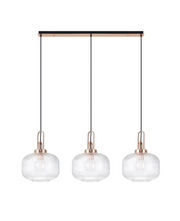 Idolite Camille Copper 3 Light Linear Bar Pendant With Clear Ribbed Glasses