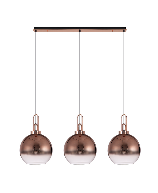 Idolite Camille Copper 3 Light Linear Bar Pendant With Copper/Clear Ombre Glass Globes
