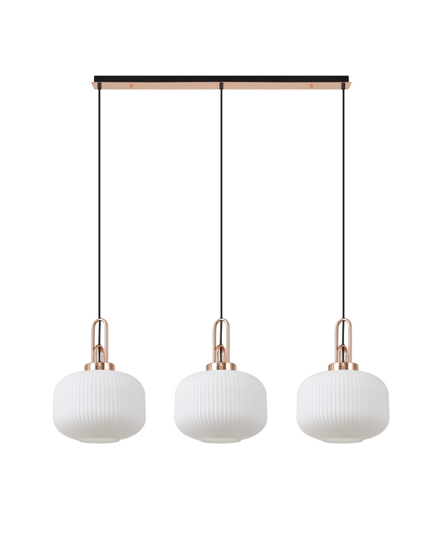 Idolite Camille Copper 3 Light Linear Bar Pendant With Opal Ribbed Glasses