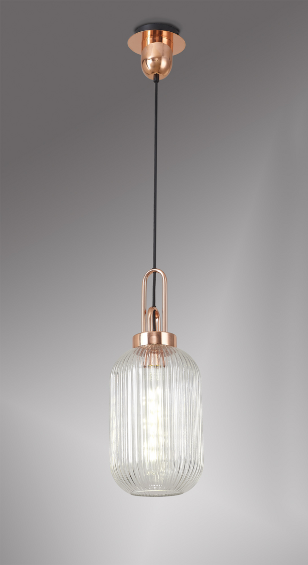Idolite Camille Copper Single Pendant Light With Clear Ribbed Glass