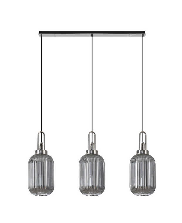 Idolite Camille Polished Nickel 3 Light Linear Bar Pendant With Smoked Ribbed Glasses