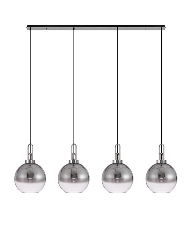 Idolite Camille Polished Nickel 4 Light Linear Bar Pendant With Smoked/Clear Ombre Glass Globes