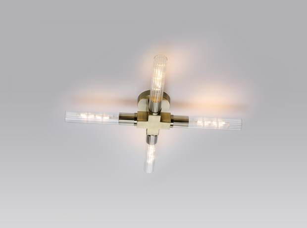 Idolite Carey Antique Brass 4 Light Flush Bathroom Ceiling Light With Clear Ribbed Glass Shades - IP44