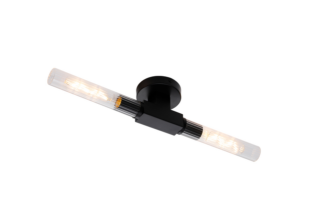 Idolite Carey Satin Black 2 Light Flush Bathroom Ceiling Light With Clear Ribbed Glass Shades - IP44