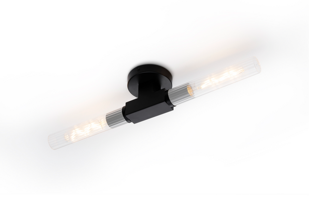 Idolite Carey Satin Black 2 Light Flush Bathroom Ceiling Light With Clear Ribbed Glass Shades - IP44