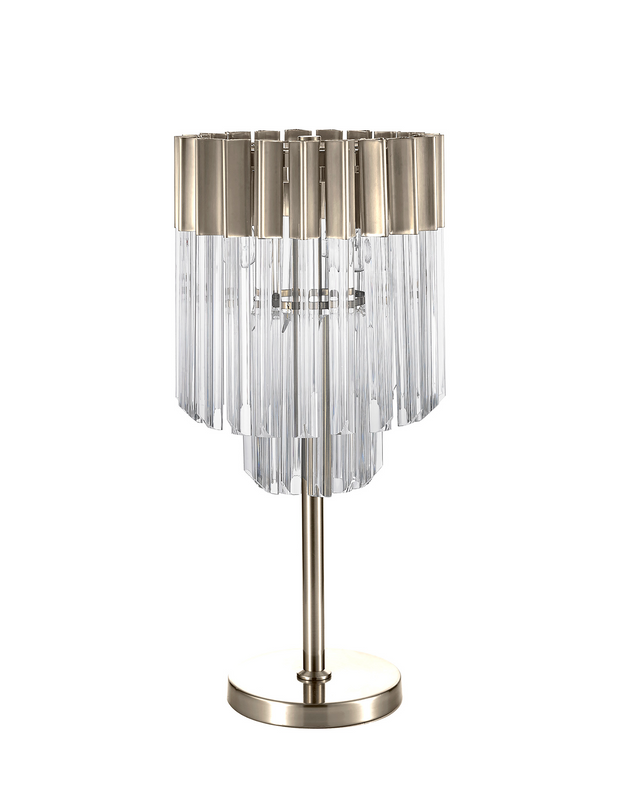 Idolite Carpathian Polished Nickel 3 Light Table Lamp C/W Clear Glass Drops