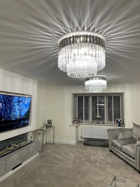 Stunning, large flush glass ceiling light complete with polished nickel metalwork.