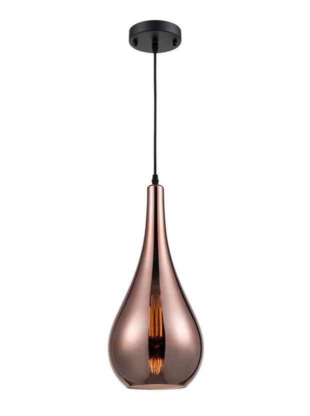 Copper Glass teardrop shaped pendant light, complete with black cord and matching ceiling rose.