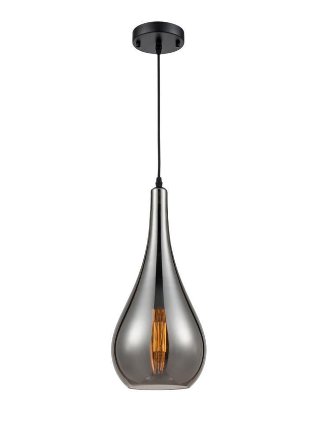 Smoked glass droplet shaped pendant light, with black braided cable and black ceiling rose.