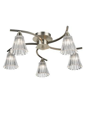 Idolite Rhone Satin Nickel 5 Light Semi-Flush Ceiling Light Complete With Clear Glasses