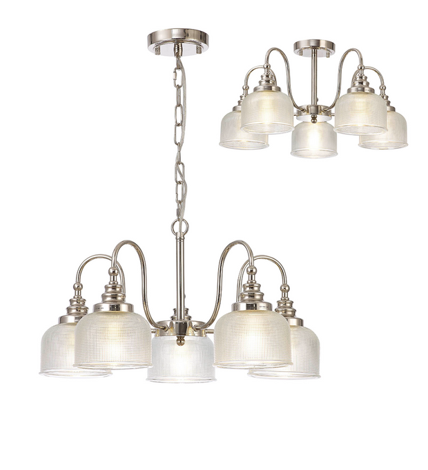 Idolite Sheridan Polished Nickel 5 Light Pendant Complete With Prismatic Glass Shades