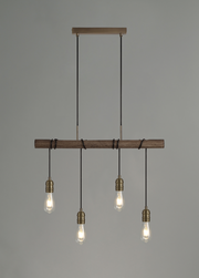 Idolite Skylar Medium Oak 4 Light Linear Pendant C/W Antique Brass Lamp Holders