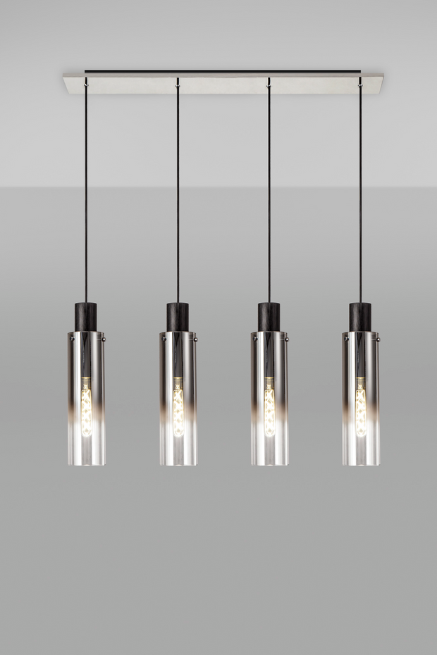 Modern linear smoked glass 4 light pendant complete with black cord and top.