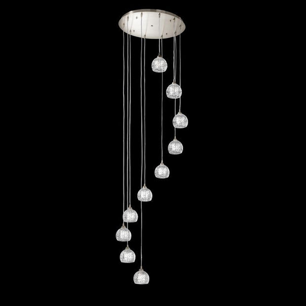 Idolite Tyne 10 Light Pendant in Satin Nickel Complete With Clear Glasses