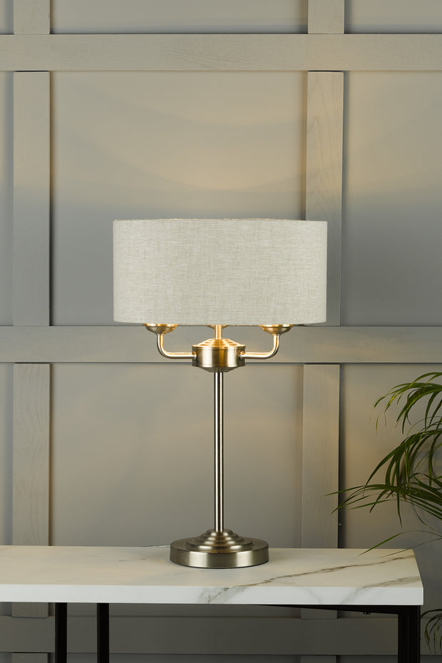 Laura Ashley LA3636753-Q Sorrento Satin Nickel 3 Light Table Lamp Complete With Natural Linen Shade And Switch