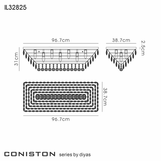 Diyas Coniston Polished Chrome 11 Light Rectangular Flush Crystal Ceiling Light - IL32825