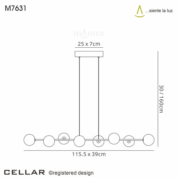 Mantra Cellar 8 Light Linear Bar Pendant Black With Opal Glass Globes