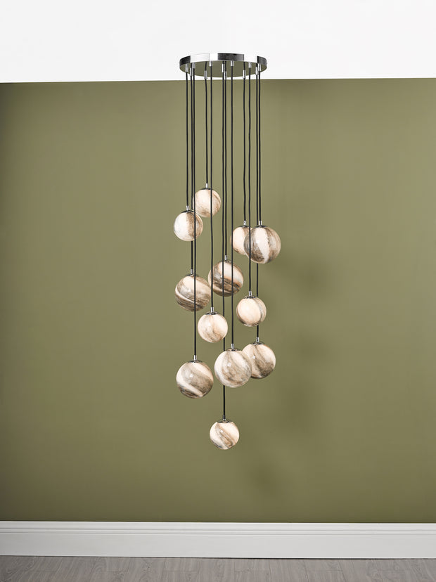 Dar Mikara 12 Light Cluster Pendant In Polished Chrome Complete With Planet Glasses 2.5M