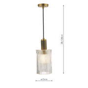 Dar Nikolas Single Pendant Light Natural Solid Brass With Cylindrical Clear Ribbed Glass