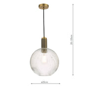 Dar Nikolas Single Pendant Light Natural Solid Brass With Round Clear Ribbed Glass
