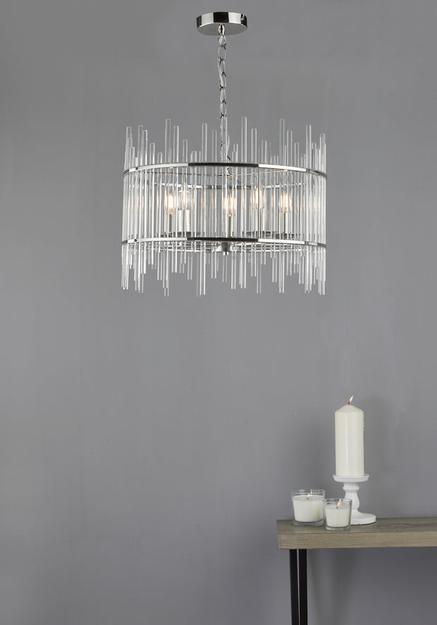 Dar Olyn OLY0538 5 Light Pendant In Polished Nickel Finish With Glass Rods