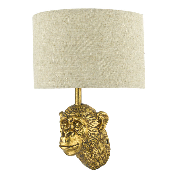 Dar Raul Monkey Wall Light In Gold C/W Natural Linen Shade