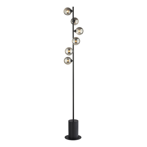 Dar Spiral 6 Light Floor Lamp Matt Black With Smoked Glass Globes