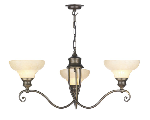 David Hunt Stratford STR358 Aged Brass 3 Light Chandelier Complete With Marble Effect Glass Shades