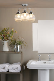 Dar Tamara 3 Light Semi-Flush Bathroom Ceiling Light Polished Chrome With Clear Ribbed Glass Shades - IP44
