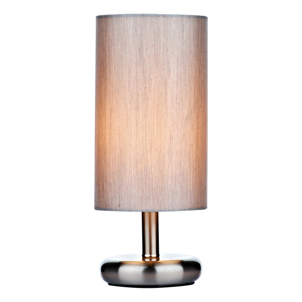 Dar Tico TIC4139 Satin Chrome Touch Table Lamp Complete With Grey Cotton Shade
