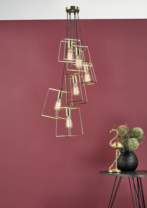 Dar Tower TOW0635 6 Light Cluster Pendant In Polished Gold Finish