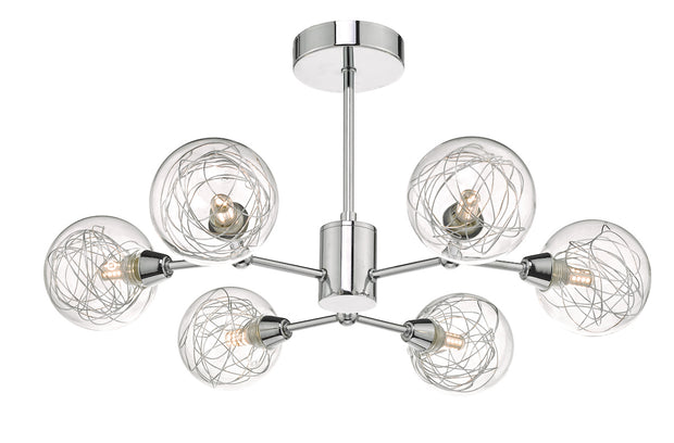Dar Tyka TYK6450 6 Light Semi Flush Ceiling Light In Polished Chrome Finish With Glass Shades