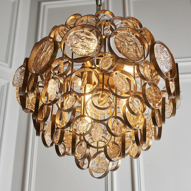 Thorlight Amos Antique Gold Finish 6 Light Pendant Complete With Clear & Amber Glass Medallions