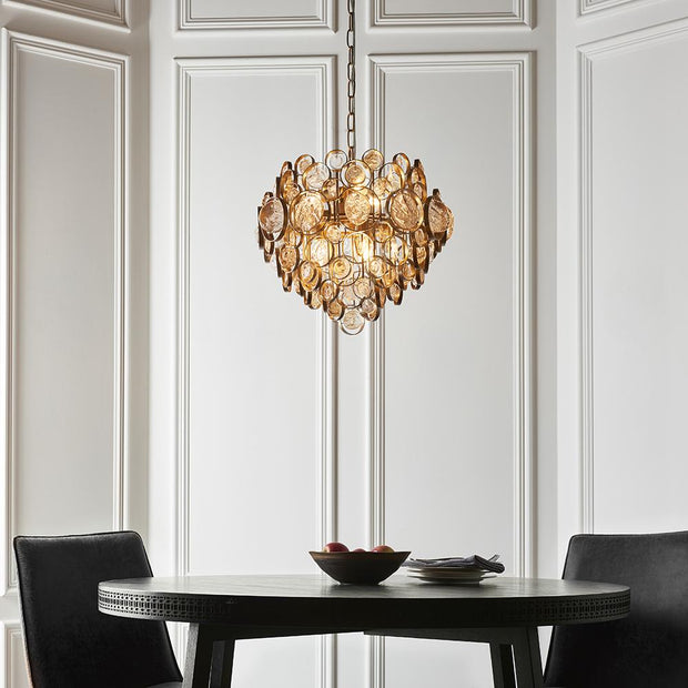 Thorlight Amos Antique Gold Finish 6 Light Pendant Complete With Clear & Amber Glass Medallions