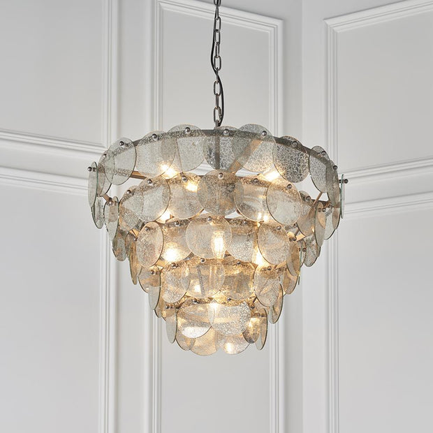 Thorlight Astrid Antique Silver Finish 9 Light Pendant Complete With Mercury Glass Ornate Suspended Discs