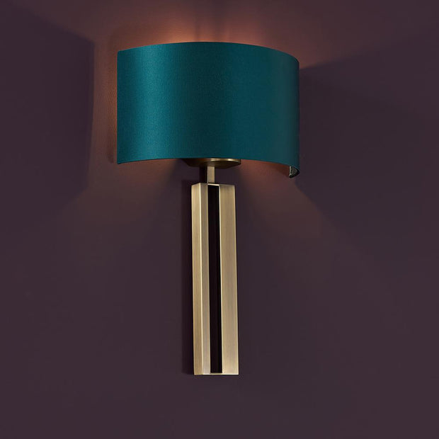 Thorlight Celia Antique Brass Single Wall Light Complete With Satin Teal Fabric Shade