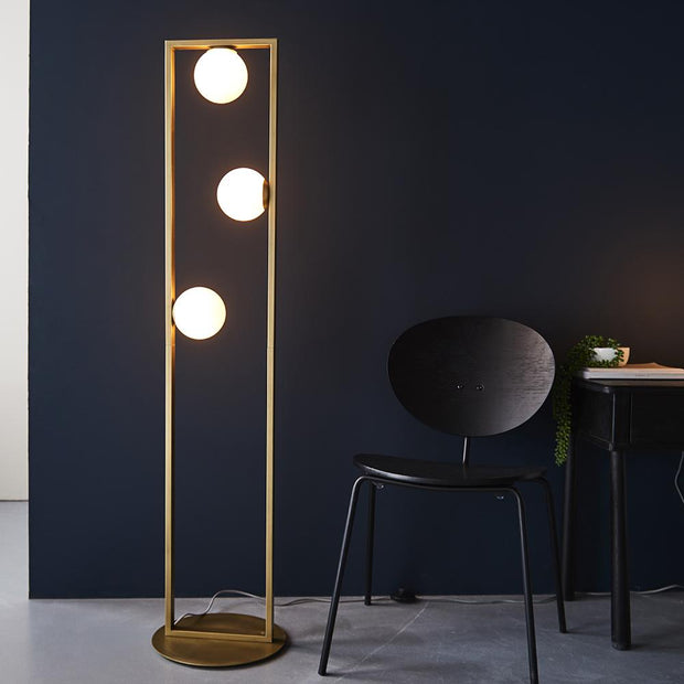 Geometric Brushed Gold 3 Light Floor Lamp With Opal Globes