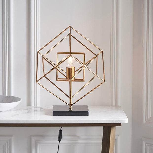 Thorlight Mercedes Medium Antique Gold Leaf Angular Framed Table Lamp Complete With Black Marble Base