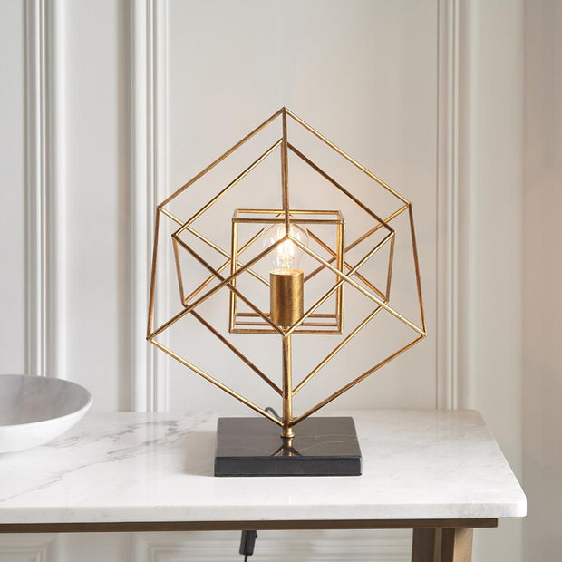 Thorlight Mercedes Medium Antique Gold Leaf Angular Framed Table Lamp Complete With Black Marble Base