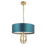 Thorlight Noor Antique Gold Leaf 3 Light Pendant Complete With Satin Teal Fabric Shade & Vintage White Diffuser