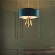 Thorlight Noor Antique Gold Leaf 3 Light Pendant Complete With Satin Teal Fabric Shade & Vintage White Diffuser