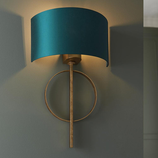 Thorlight Noor Antique Gold Leaf Single Wall Light Complete With Satin Teal Fabric Shade