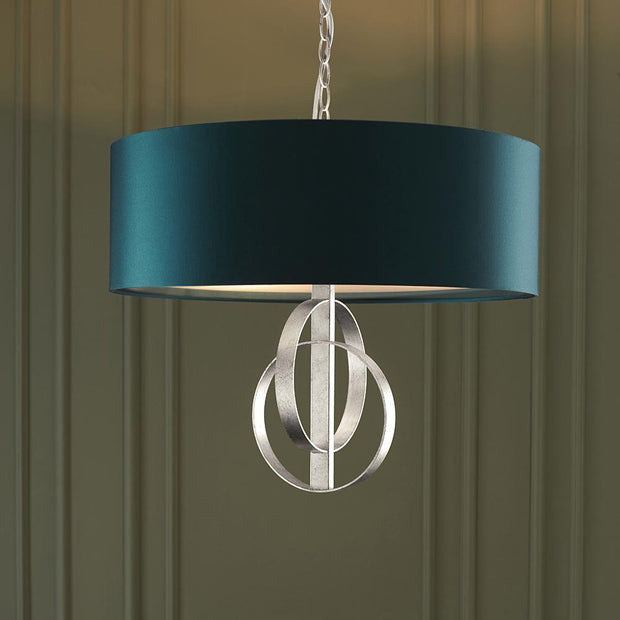 Thorlight Noor Antique Silver Leaf 3 Light Pendant Complete With Satin Teal Fabric Shade & Vintage White Diffuser