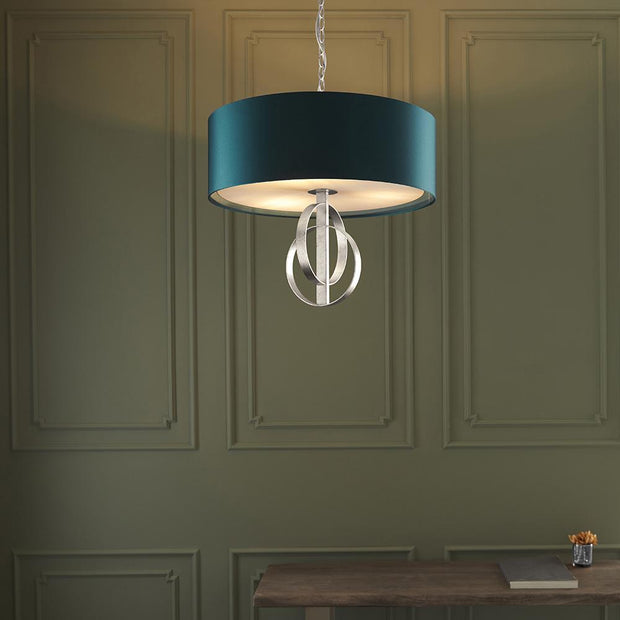 Thorlight Noor Antique Silver Leaf 3 Light Pendant Complete With Satin Teal Fabric Shade & Vintage White Diffuser