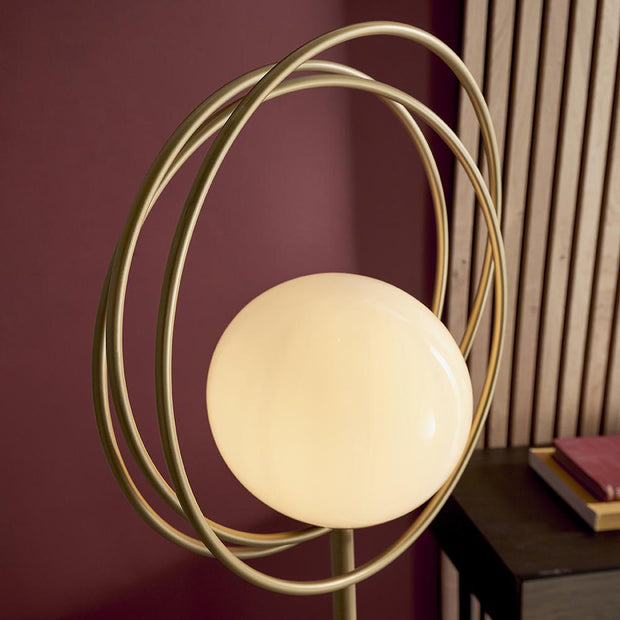 Thorlight Ravi Brushed Gold Finish Floor Lamp Complete With Glossy Opal Glass Globe