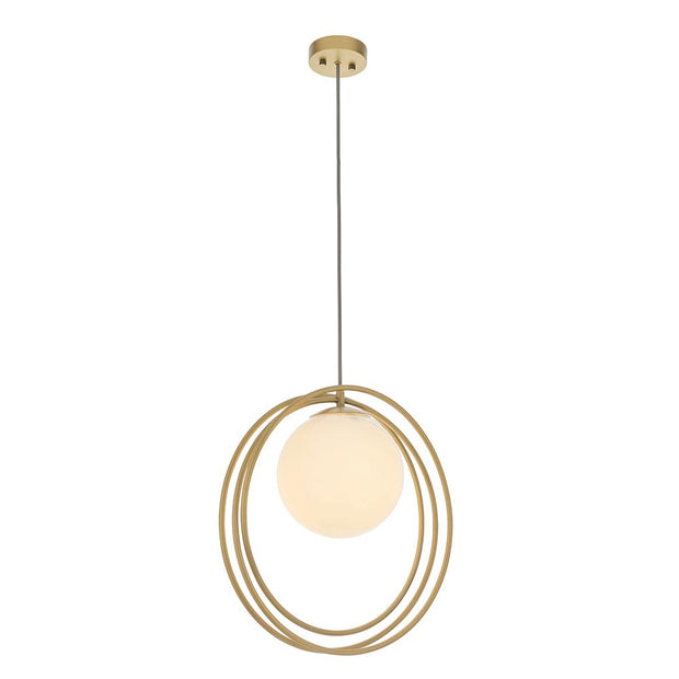 Thorlight Ravi Brushed Gold Finish Single Pendant Light Complete With Glossy Opal Glass Globe